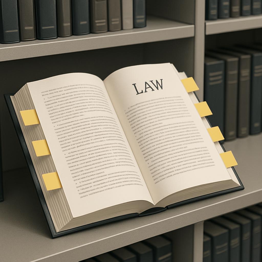 A image of a large book opened to a page titled "LAW" on a gray shelf, likely a law library or study setting.