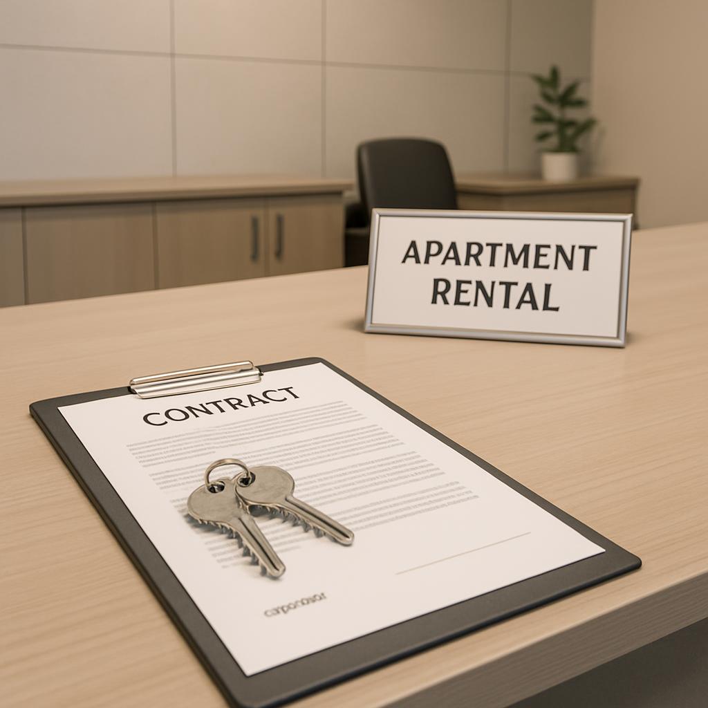 Um contrato de aluguel de apartamento exibido num clipboard, na frente dele as duas chaves do apartamento.