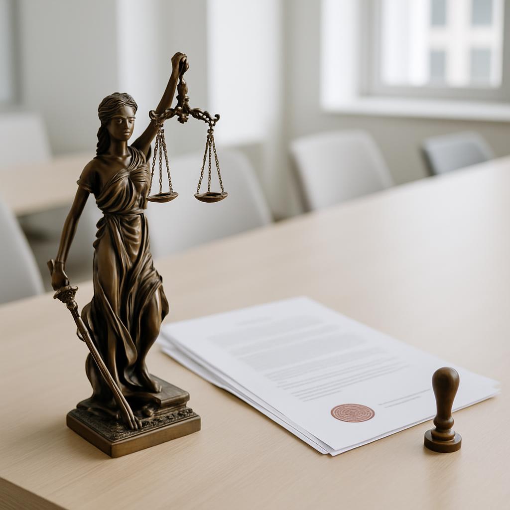 A statue of the goddess Justitia, also known as Lady Justice, is positioned to the left of the image. It is made of bronze...