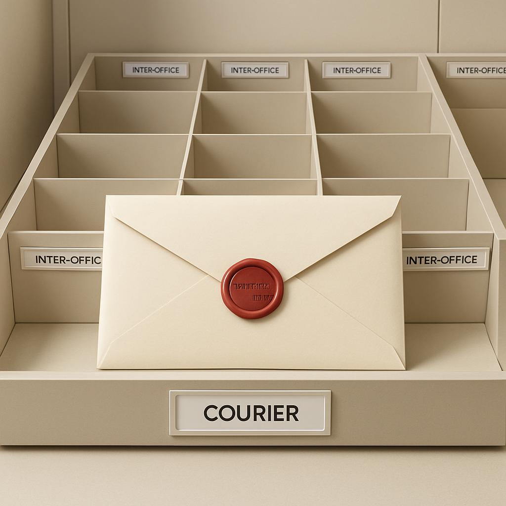 Envelope com imagem de espaço organizado para material relacionado à correspondência, possivelmente material de escritório...