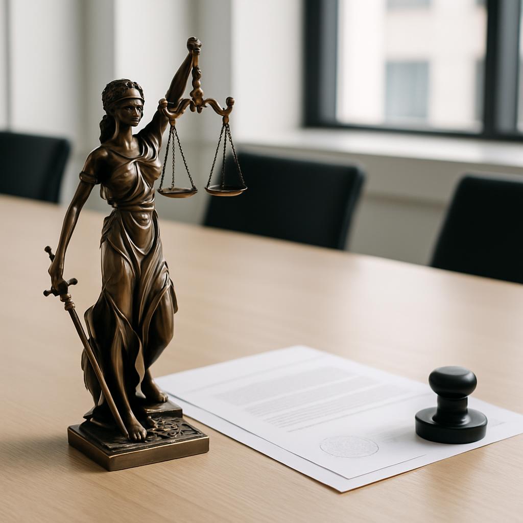 (PT-BR): Uso da estatua da Justiça como símbolo do direito ou da lei e de suas características.